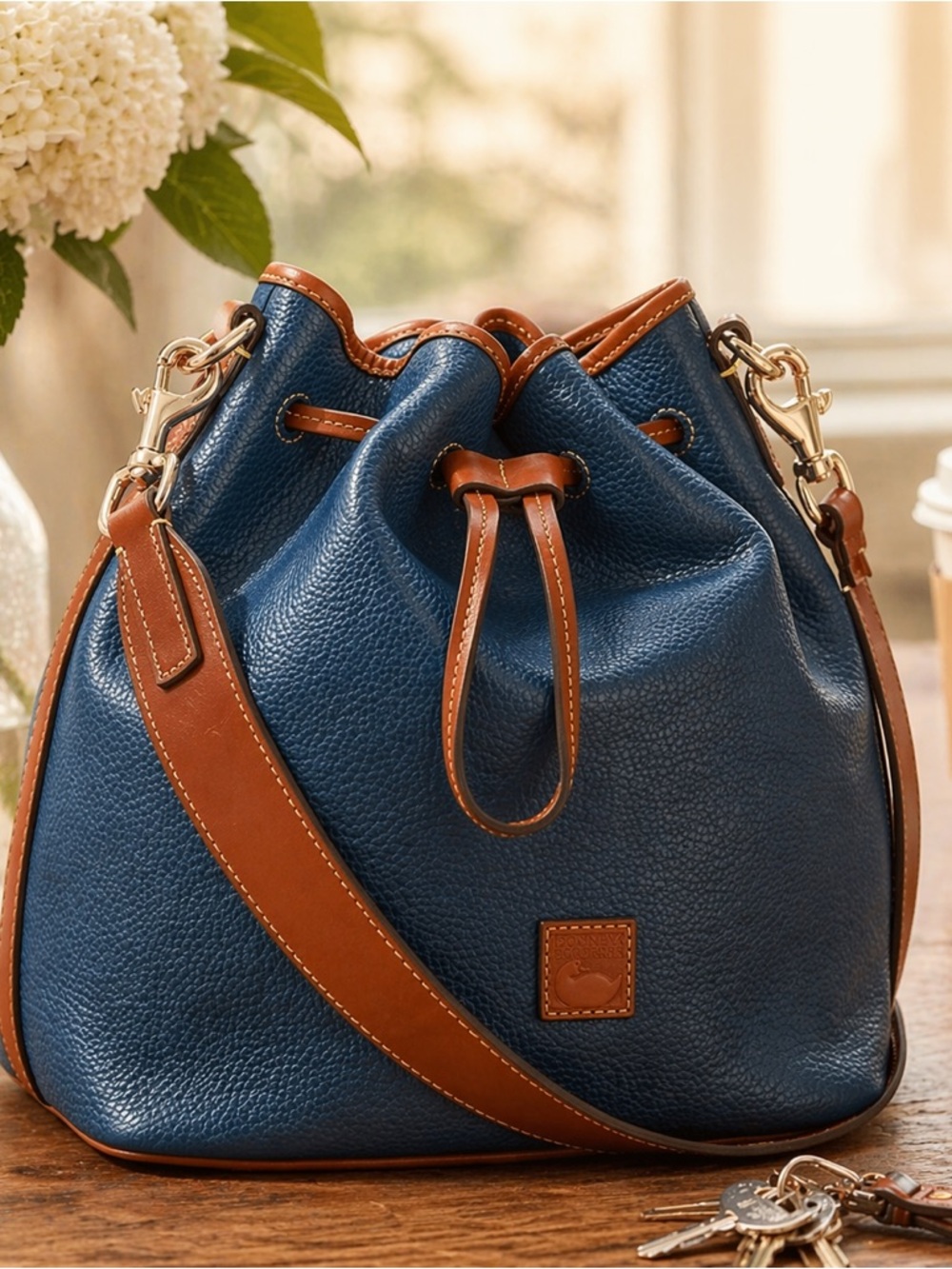 Dooney & Bourke Pebble Leather Drawstring Bucket Bag Jeans Blue NWOT Dust Bag